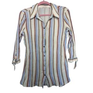 Soft Surroundings Senna Gauze Tunic Shirt Women's Large Button-Up Collar Striped